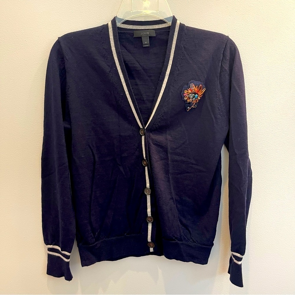 J. Crew Sweater M Merino Wool Floral Jeweled Cardigan Lightweight Preppy Navy